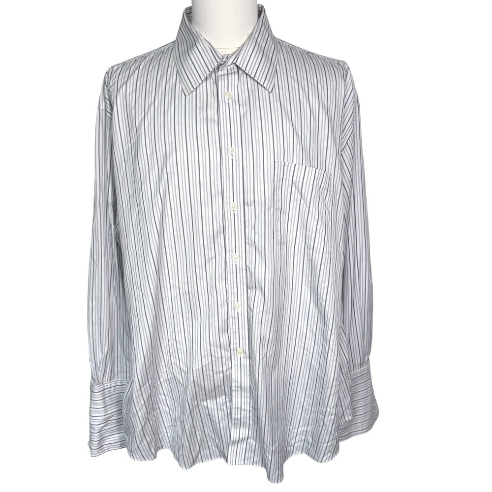 JOSEPH &‎ FEISS Men's 19 34/35 White Navy Stripe Fitted Non Iron Dress Shirt